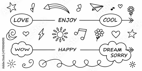 Playful hand-drawn doodle set featuring speech bubbles, words, hearts, stars, sun icons, music notes, arrows, and decorative line art. Minimal black-and-white vector illustration for creative design.