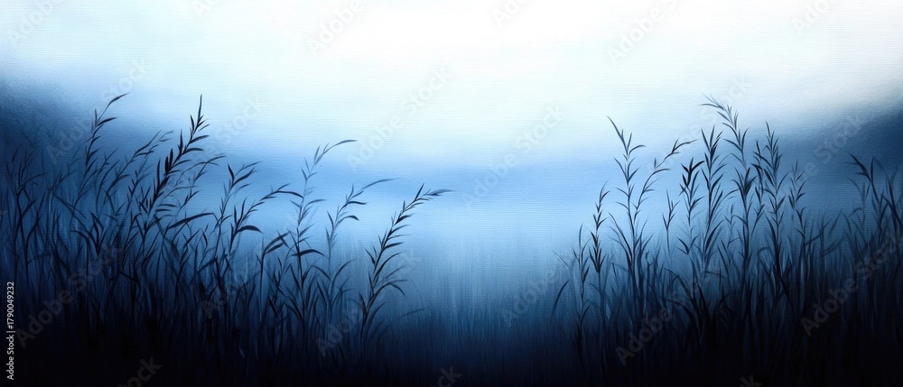 Obraz premium Twilight oil painting depicting serene plants against a twilight sky with soft hues creating a calm atmosphere and winning a stock photo contest