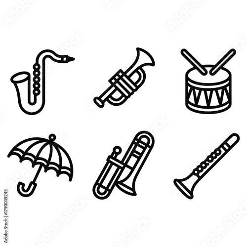 Collection of six black outline icons representing musical instruments and an umbrella saxophone