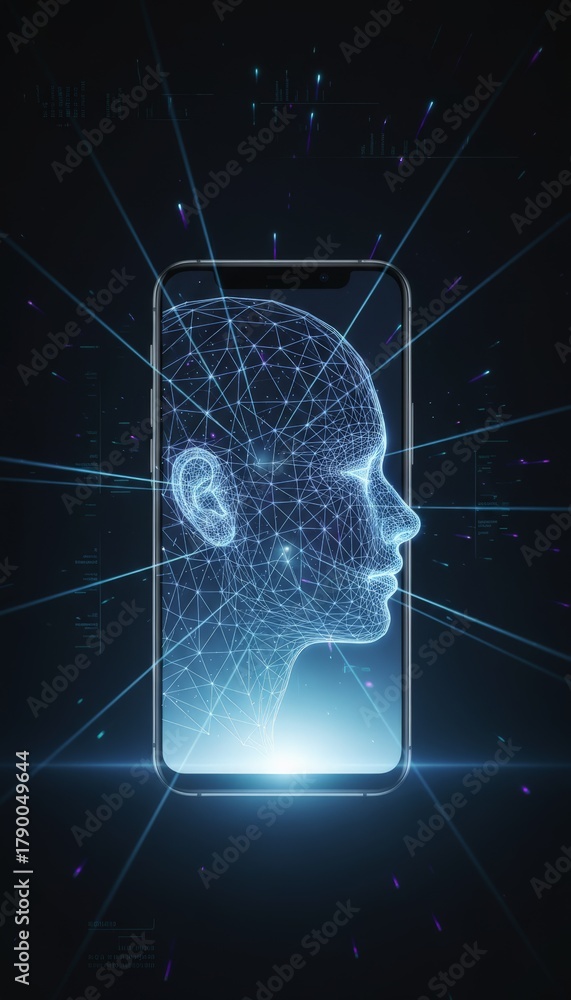 Obraz premium Smartphone screen shows glowing blue wireframe human head for biometric facial recognition and ai powered authentication, symbolizing secure digital access and privacy protection