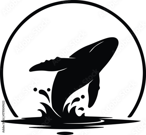Illustration whale breaching water circle frame logo silhouette vector