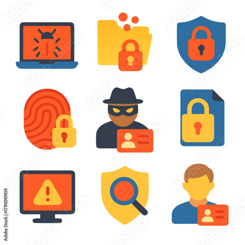 Digital security icons, hacker, padlock. Suitable for cybersecurity websites, articles, and presentations needing visual representations of online security concepts.