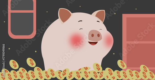 A cute piggy bank illustration spitting out lots of gold coins