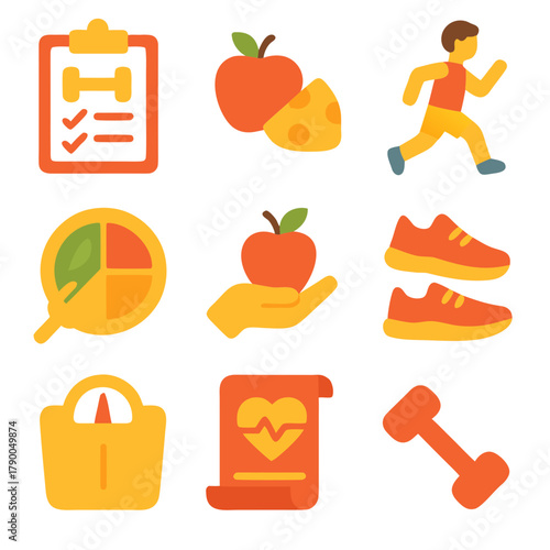 Symbols of healthy living with fruit, exercise, and charts. Great for wellness blogs, fitness articles, medical presentations, or nutrition infographics.