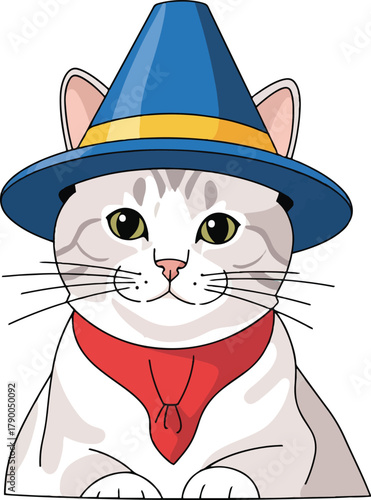 a serious-looking silver tabby cat wearing a blue pointed hat and a red bandana around its neck.