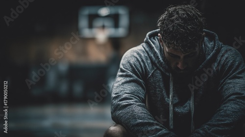 Defeated athlete sitting on the ground with head down in muted tones conveying sadness and loss