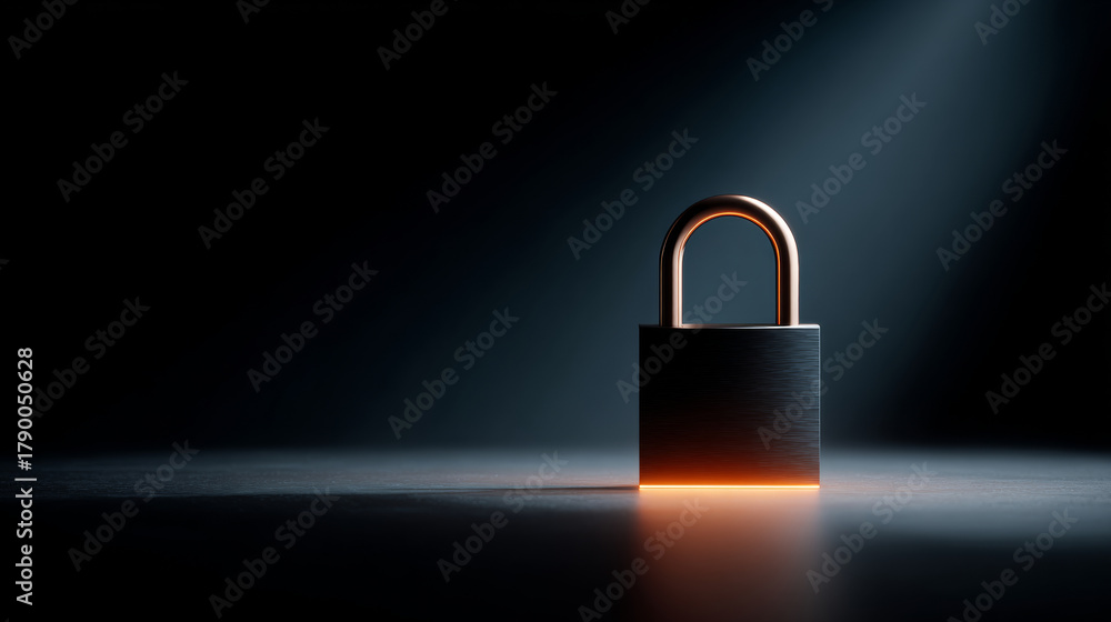 Fototapeta premium A padlock with a glowing shackle sits on the table in dim lighting, suggesting security and safety