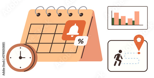 Spiral calendar with reminder bell and percentage icon, clock, bar graph, steps tracker, and location pin. Ideal for time management, planning, reminders, analytics goals productivity deadlines