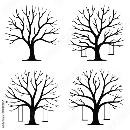 Four bare trees with swings in silhouette playground