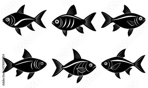 Charming collection of stylized fish, perfect for ocean-themed designs, restaurant menus, or educational materials. A timeless aquatic aesthetic!