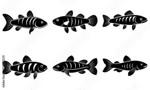 Variety of fish swimming in monochrome vector art, a charming aquatic collection for nature-themed designs and creative sea life illustrations