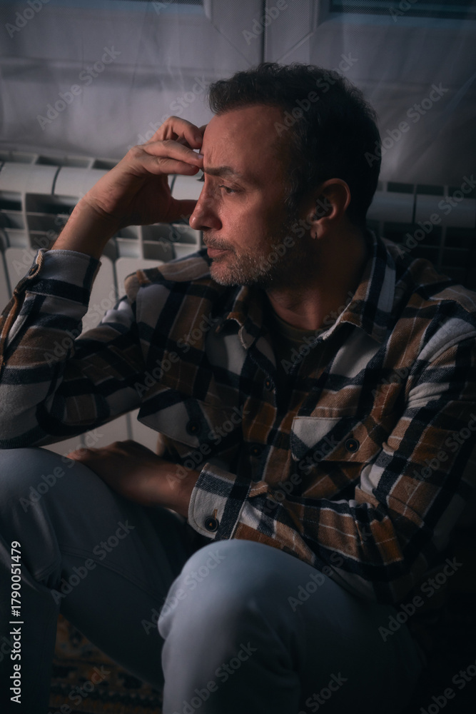 Obraz premium Man with depression and headache sitting on a chair at home.