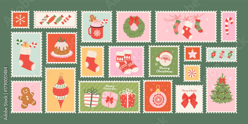 Christmas postage stamp Set with hand drawn Santa Claus, Christmas tree, gingerbread, baubles, gifts,  candy, bow. Vintage Xmas stickers, mail postmark. Vector illustration.