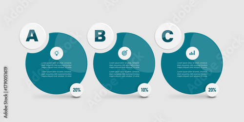 Step-by-step diagram or signboard circle template showing step or methods of doing things in order from A-C for designing infographics for communication or presentation, vector illustration for design
