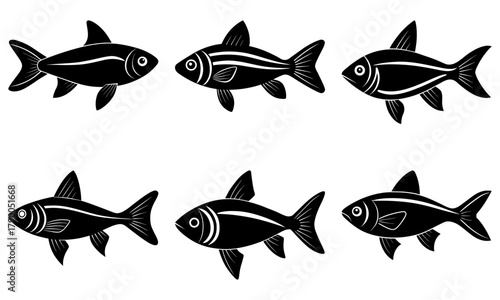 Simple black and white fish illustrations creating a modern aquatic design, perfect for branding, playful patterns, and engaging educational content