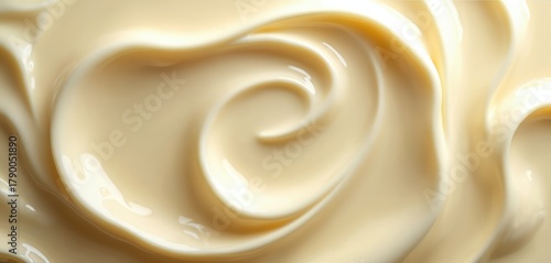 Smooth creamy white liquid swirls form beautiful ripples. Delicious sweet dessert texture shown close up. Melted white chocolate, yogurt, custard creates wavy glossy background. Excellent for