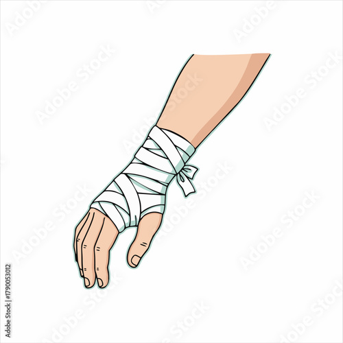 Detailed vector illustration showing the proper technique for wrapping a wrist with an elastic bandage.
