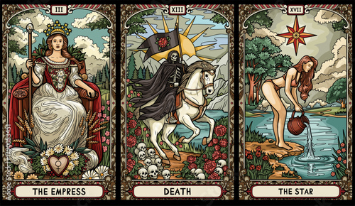 vintage vintage style deck of tarot cards. magical predictions of the future, mysterious characters.	