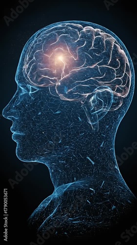 Digital Human Head Network Structure Brain Activity Glowing Light Particles