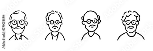 Elderly Male Characters With Glasses Line Icon Set In Doodle Style. Senior Men, Aging, And Wisdom Representation Outline Sketch Collection. Hand Drawn Isolated Vector Illustration