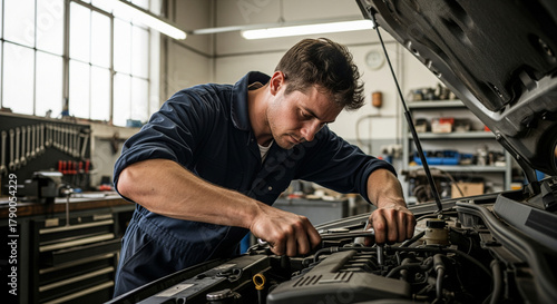 Car mechanic working on car engine in workshop with focused expression
