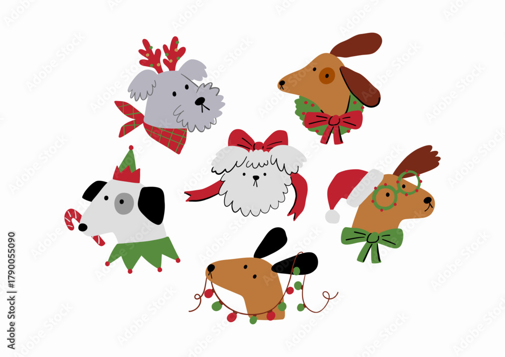 Fototapeta premium Cute cartoon dogs of different breeds and Christmas decorations, candy, gifts, garlands, cookies, bone. Festive vector illustration - dog on winter holidays in flat style.