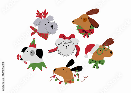 Cute cartoon dogs of different breeds and Christmas decorations, candy, gifts, garlands, cookies, bone. Festive vector illustration - dog on winter holidays in flat style.