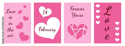 Romantic Valentine’s Day banner with hearts and typography “Love is in the air” and “February 14”. Stylish pink vector template for greeting cards and web design.