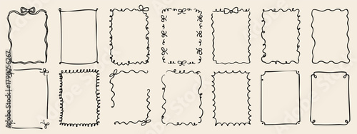Collection of hand drawn rectangular frames with ribbons, curls, and bows. Minimal black line art on beige background, perfect for cards, invitations, and design layouts