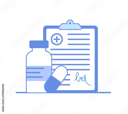 Concept of medicine, healthcare, pharmacy. Set of pills and bottle in front of prescription, flat monochrome minimal illustration with outline.