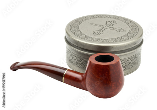 Fotografija Isolated tobacco pipe next to metal snuff box with Christian cross symbol on the