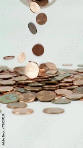 Shiny and tarnished us pennies rapidly cascade, tumble, and accumulate on a pristine, bright white studio surface, captured with macro detail and shallow depth of field for financial growth concept