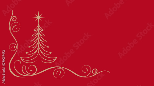 Christmas tree in gold elegant line art with swirl decoration on red background, empty area for text