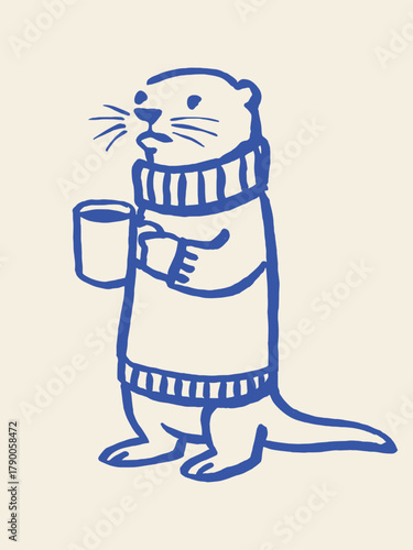 Otter with mug in sweater, hand-drawn sketch vector illustration