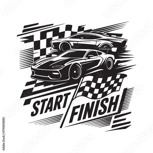 Black and White Motorsport Graphic Design with Checkered Flag