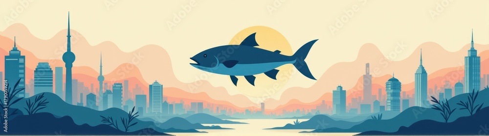 Obraz premium Fish flying over a city with a river animal background