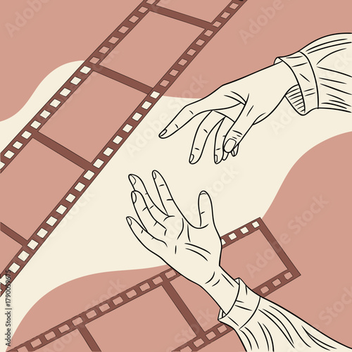 Illustration featuring two hands reaching towards each other with film strips in the background