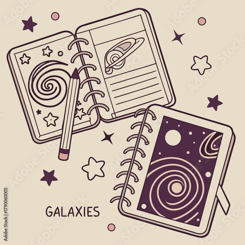 Illustration of two spiral bound notebooks with space and galaxy themed drawings and a pencil