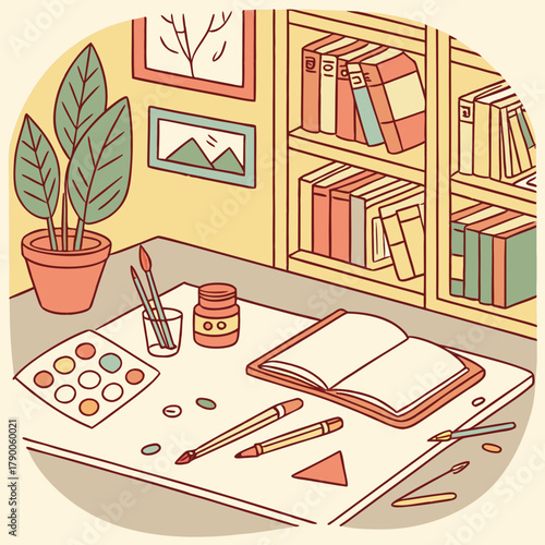 Illustration of a desk with art supplies, open book, plant, and bookshelf in the background scene