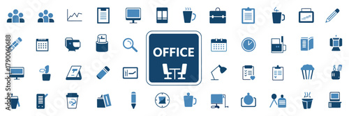 Office icons pack, work in office signs, career and teamwork symbols, employee, meeting, workplace, computer, coworker vector illustration for business concept