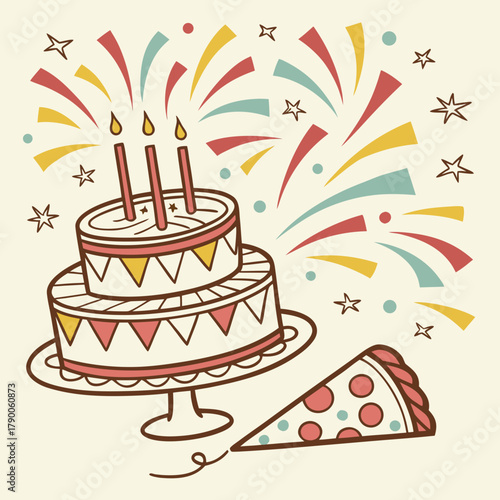 Celebratory illustration featuring a two tier cake with candles and a slice of pizza nearby