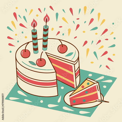 Illustration of a layered cake with cherries and candles, with a slice on a plate nearby cake