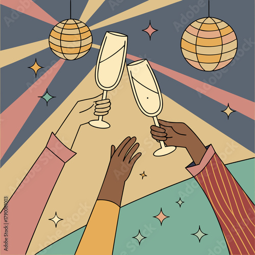 Illustration of hands toasting with champagne glasses beneath disco balls and star accents design