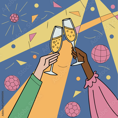 Two hands raising champagne flutes in a celebratory toast amidst colorful geometric shapes and disco balls