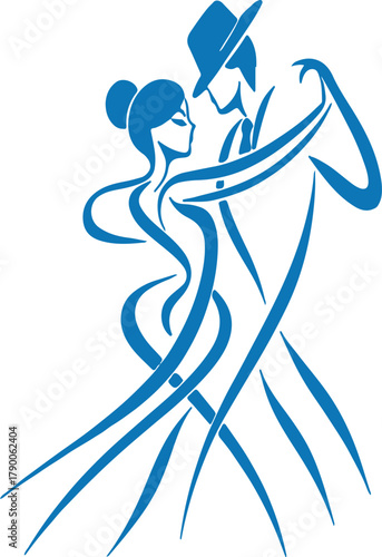 Stylized vector graphic of a dancing couple, romantic ballroom dance studio logo icon, on white background