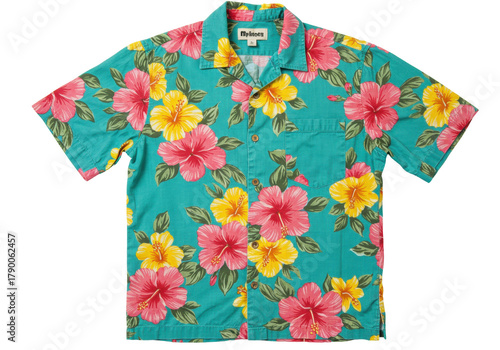 Foto Isolated short-sleeved hibiscus shirt, beach floral top, tropical garment, summe