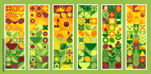 Organic food geometric set. Mosaic Fruits, vegetables, leaves, oil, and eco banners. Block patterns