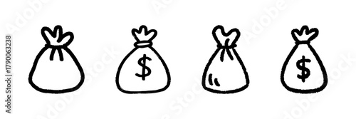 Money Bag Line Icon Set In Doodle Style. Financial Savings, Wealth Accumulation, And Investment Outline Sketch Collection. Economic Growth Symbols. Hand Drawn Isolated Vector Illustration