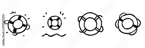 Lifesaver Ring Line Icon Set In Doodle Style. Water Safety, Rescue, And Emergency Equipment Outline Sketch Collection. Maritime And Aquatic Safety Symbols. Hand Drawn Isolated Vector Illustration