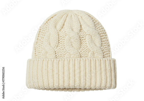 Isolated winter cable knit beanie hat, warm wool cap, fashion accessory for men and women